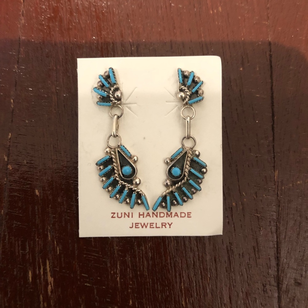 Native American Zuni Needlepoint Turquoise Sterling Silver Drop Earrings NWT